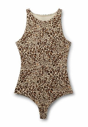 Mouwloos bodysuit met luipaardprint, hoge halslijn en drukknoopsluiting bij het kruis, in beige, bruin en zwarte tinten.