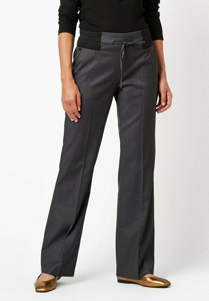 Gray wide-leg trousers with a smooth texture, featuring a drawstring waist, side pockets, and contrasting black fabric at the top.