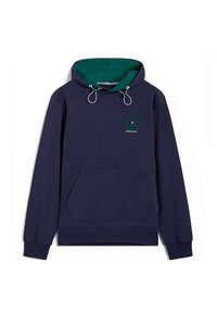 Felpa blu marina con fodera interna verde, cappuccio regolabile con lacci, tasca frontale e un piccolo logo sul petto. Realizzata in tessuto morbido e texture.