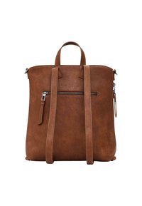 Brown faux leather backpack with adjustable straps, top handle, and a horizontal zippered pocket on the back against white background.