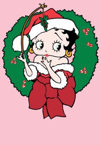 Personaggio dei cartoni animati in un vestito rosso con bordo di pelliccia bianca, che indossa un cappello da Babbo Natale e tiene il vischio. Circondato da una ghirlanda verde su uno sfondo rosa.