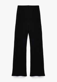 Zwarte wijde broek met ribbelstructuur, met een hoge taille en uitlopende onderkant. Gemaakt van een zachte, rekbare stof.