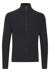 Svart glidelåsgenser laget av ribbestrikket stoff, med høy krage, lange ermer og en tettsittende design. Ingen synlige mønstre eller detaljer.