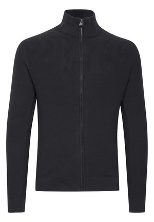 Črna zip-up jopica iz rebraste tkanine, z visokim ovratnikom, dolgimi rokavi in prilega se obliko. Ni vidnih vzorcev ali akcentov.