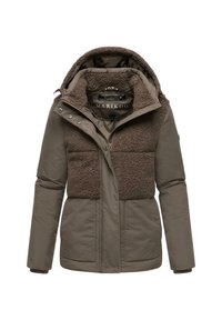 Bruine gewatteerde jas met een pluche schapenvacht-achtige voorkant en capuchon, met een gladde buitenlaag en ritssluiting voor warmte.