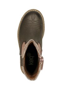 Brown leather ankle boot with pink accents, stitched detailing, side zipper, rounded toe, and textured interior for comfort.