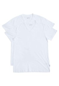 Dwie białe t-shirty z dekoltem w serek, wykonane z miękkiej bawełny, z krótkimi rękawami i luźnym krojem. Obie koszulki mają prosty design i brak wzorów.