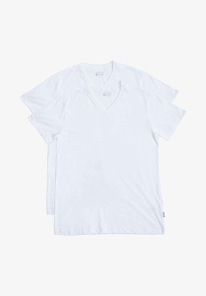 Two white v-neck t-shirts made of soft cotton, featuring short sleeves and a relaxed fit. Both shirts have a simple design and no patterns.