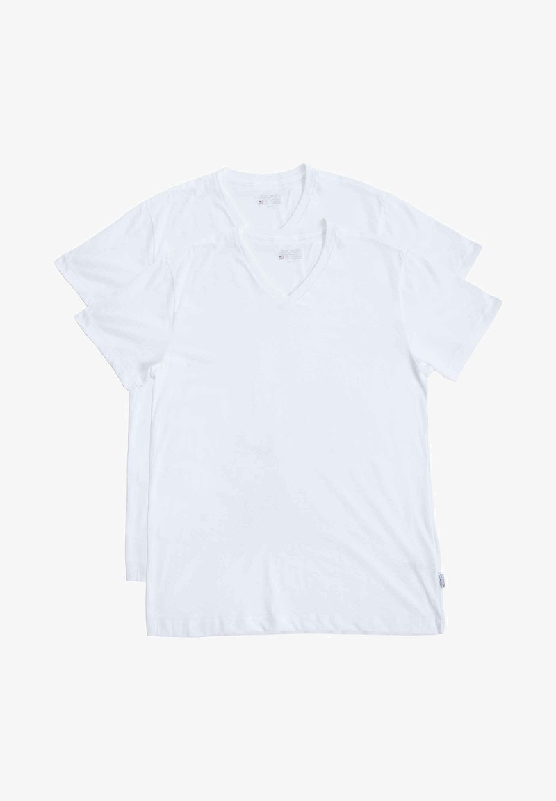 Dos camisetas blancas de cuello en v, hechas de algodón suave, con mangas cortas y un corte relajado. Ambas camisetas tienen un diseño simple y sin estampados.