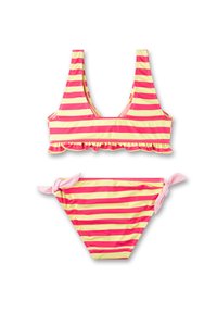 Zweiteiliges Bikini-Set mit horizontalen Streifen in Pink und Gelb. Das Oberteil hat einen Rüschensaum und breite Träger; der Slip mit Bindebändern an den Seiten.