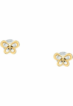 Ohrringe in Form von Schmetterlingen aus Gold und Silber mit einem dreidimensionalen Design, offenen Flügeln und einer polierten Oberfläche.