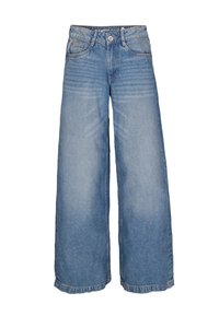 Jeans de pierna ancha color azul claro fabricados en denim. Cuentan con una cintura alta, bolsillos frontales y dobladillos deshilachados. Textura desgastada con detalles de costura vertical.