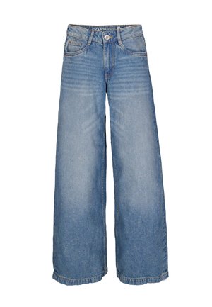Jeans évasés bleu clair en denim. Dotés d'une taille haute, de poches avant et d'ourlets bruts. Texture délavée avec des détails de couture verticaux.