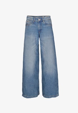 Helle blaue weite Jeans aus Denim. Mit einem hohen Bund, vorderen Taschen und rohen Säumen. Ausgewaschene Textur mit vertikalen Nahtdetails.