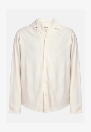 Krém színű, hosszú ujjú, gombos blúz, texturált csíkos mintával és kiemelt gallérral. Lekerekített alsó rész és gomb díszítések jellemzik.