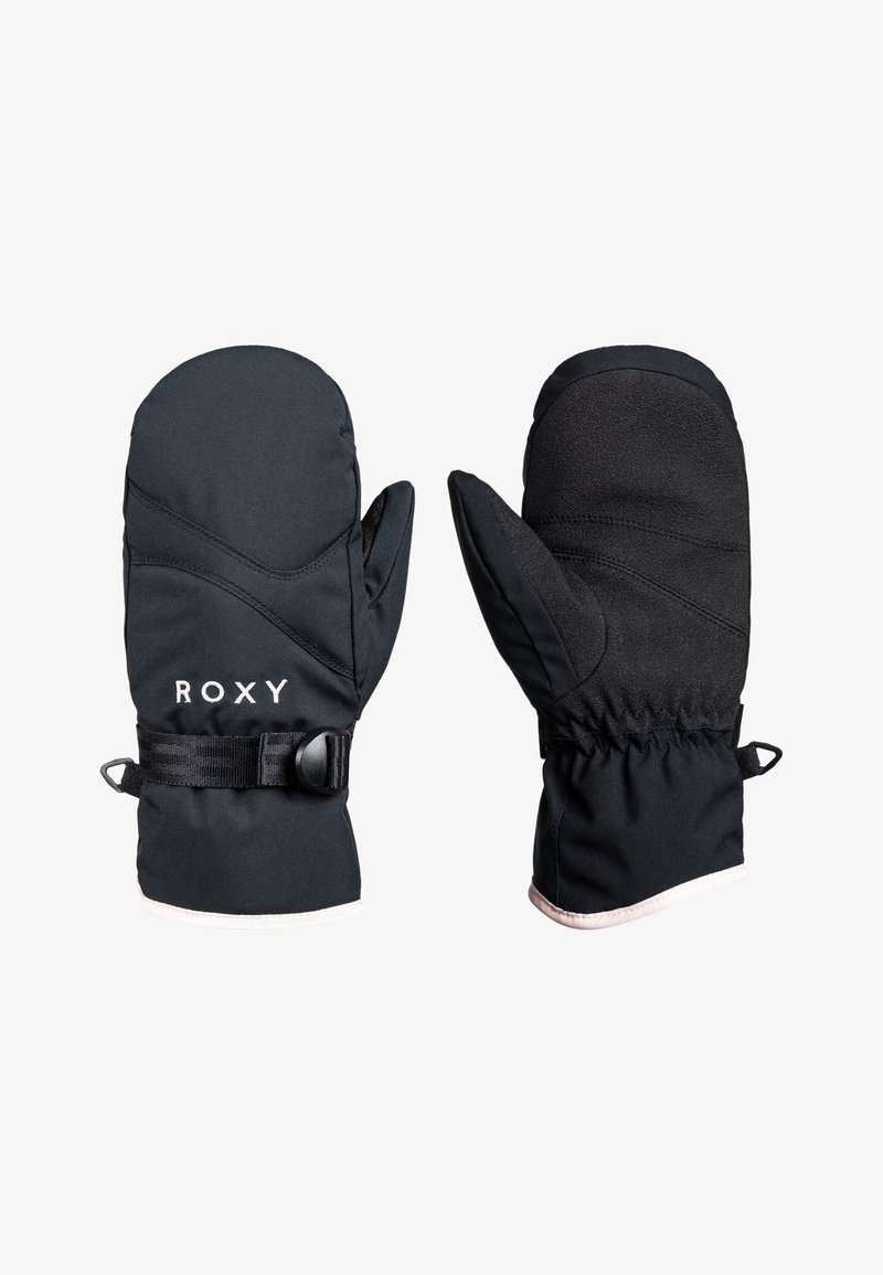 Schwarze isolierte Fäustlinge mit Roxy-Logo, ausgestattet mit elastischen Bündchen, verstellbarem Riemen und einer strukturierten Handfläche für besseren Grip. Glatter Stoffaußenbereich.