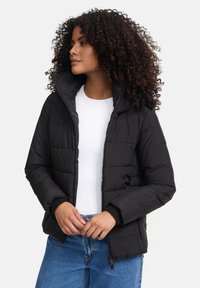 Black puffer jacket with a fitted design, high collar, zip closure, and ribbed cuffs. Features a smooth texture and rectangular quilted pattern.
