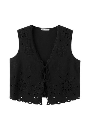 Gilet noir sans manches avec broderie œillet florale, ourlet festonné et fermeture à nouer devant.