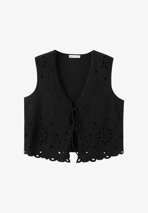 Vestă neagră fără mâneci cu broderie florală perforată, tiv ondulat și închidere cu șnur în față.