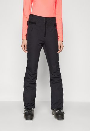 Black snow pants with a high waistband, two zippered pockets, and a button closure. Smooth material with a straight-leg cut.