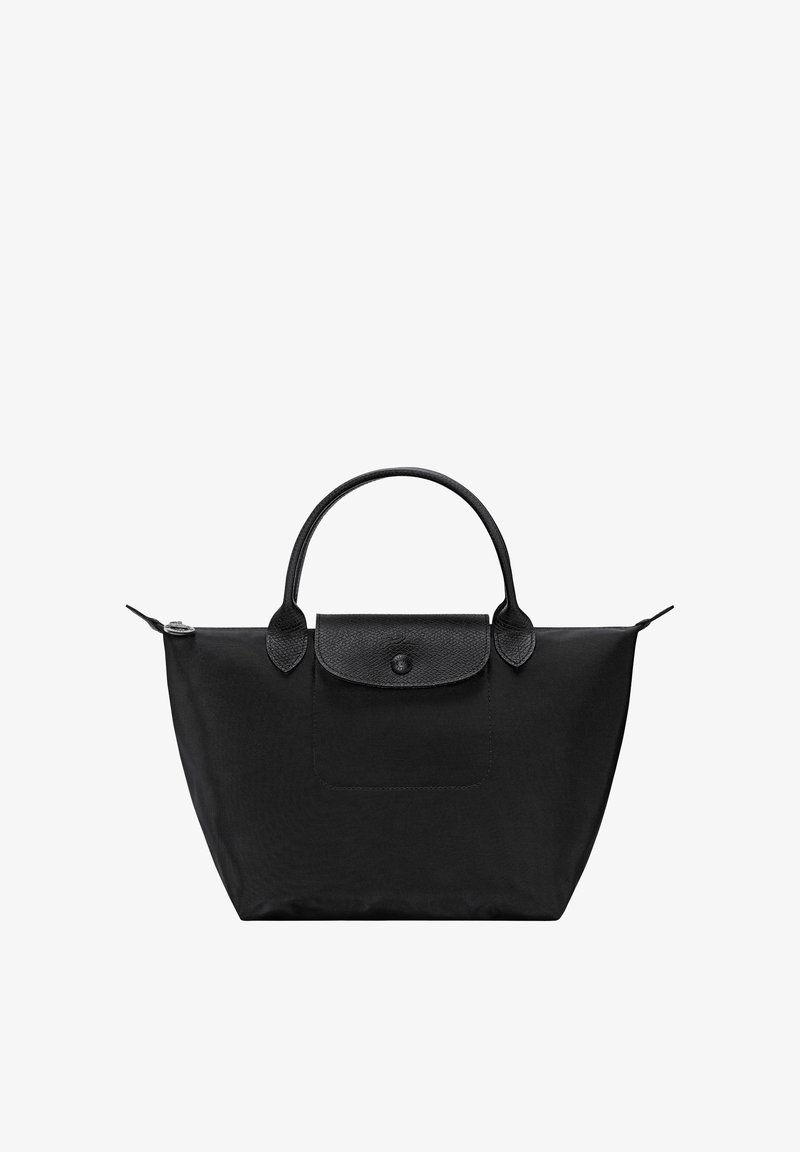 Black tote bag with two short handles, a front flap pocket with button, and a zipper closure at the top.