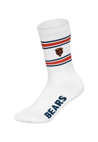 Bílé kotníkové ponožky s modrými a červenými pruhy, s vyšívaným logem medvěda a textem "BEARS" v námořnické modři po straně.