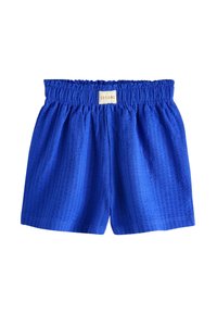 Blauwe, gestructureerde korte broek met een elastische tailleband en een klein beige label in het midden aan de voorkant met de tekst "DREAMS".