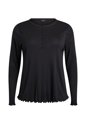 Czarny top z długim rękawem, okrągłym dekoltem, pięcioma guzikami i falbaniastym wykończeniem. Wykonany z miękkiego, elastycznego materiału.