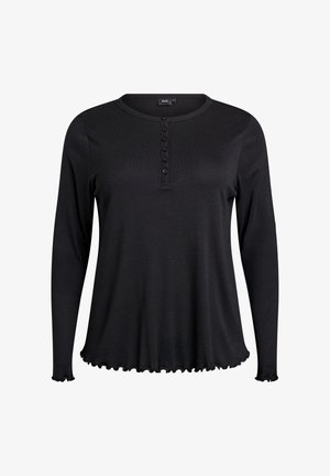 Schwarzes Langarmshirt mit rundem Ausschnitt, fünf Knopfverschluss und Rüschendetails am Saum. Hergestellt aus weichem, dehnbarem Material.