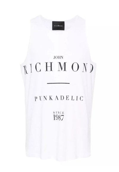 Canottiera bianca senza maniche con testo nero: "JOHN RICHMOND PUNKADELIC DAL 1987." Design semplice con scollatura tonda e vestibilità comoda.