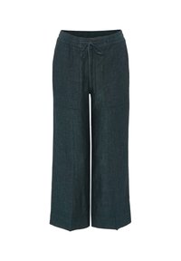 Pantalon large en lin bleu sarcelle foncé avec taille élastique et détail de cordon, doté de deux poches avant et d'une finition texturée.