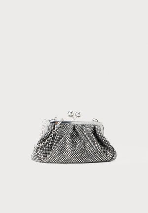 Metallic mesh clutch bag with a silver tone, gathered design, kiss-lock closure, and chain strap, featuring a textured surface with shiny accents.