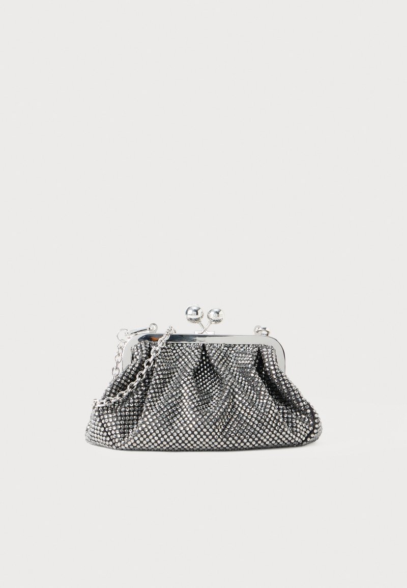 Metallic mesh clutch bag with a silver tone, gathered design, kiss-lock closure, and chain strap, featuring a textured surface with shiny accents.