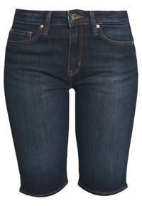 Pantalones cortos de mezclilla con un lavado oscuro, diseño de cinco bolsillos, cierre frontal con botón y costuras de contraste sutiles. Corte recto, largo hasta la rodilla.