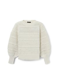 Weißer Strickpullover mit gemusterter Textur, ausgestattet mit einem Rundhalsausschnitt und Puffärmeln. Weiches Material mit geripptem Saum und Bündchen.