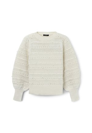 Maglione bianco lavorato a maglia con una texture a motivo, dotato di scollatura a girocollo e maniche a sbuffo. Materiale morbido con orlo e polsini a costine.