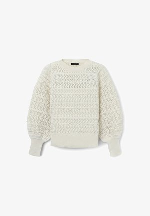 Weißer Strickpullover mit gemusterter Textur, ausgestattet mit einem Rundhalsausschnitt und Puffärmeln. Weiches Material mit geripptem Saum und Bündchen.