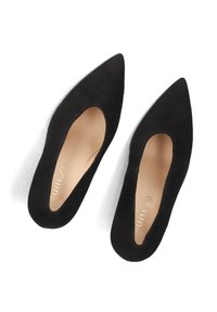 Zwarte suede puntenballetschoenen met uitsnede-ontwerp en beige interieur. Gladde textuur met subtiele stiksels aan de randen.