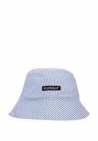 Cappello a secchiello a strisce blu e bianche con una patch rettangolare nera con la scritta "Villervalla" sul davanti.