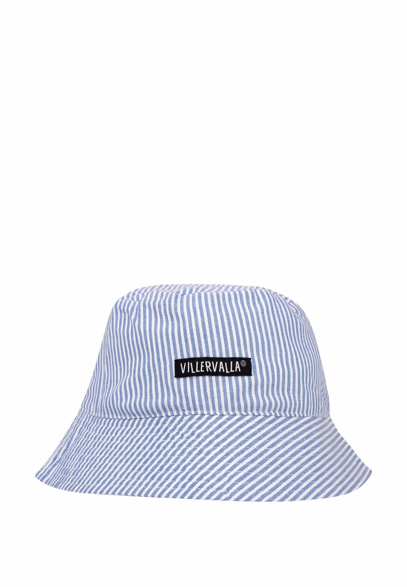 Cappello a secchiello a strisce blu e bianche con una patch rettangolare nera con la scritta "Villervalla" sul davanti.