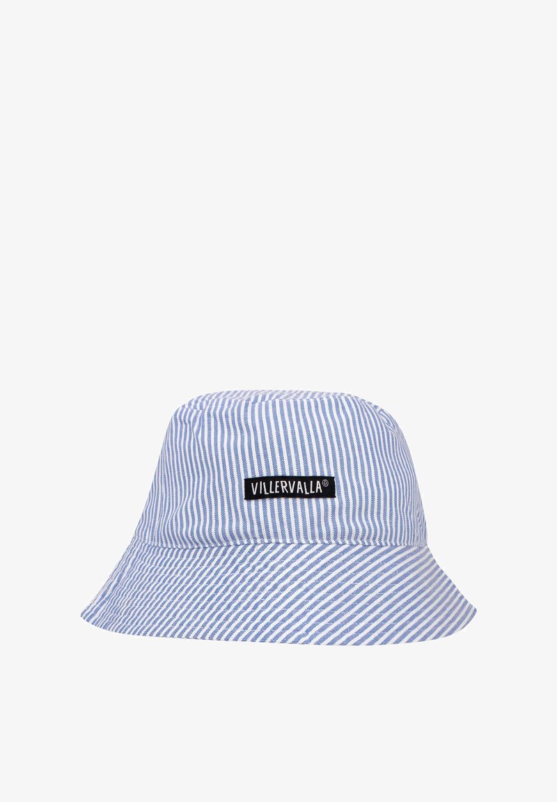 Cappello a secchiello a strisce blu e bianche con una patch rettangolare nera con la scritta "Villervalla" sul davanti.