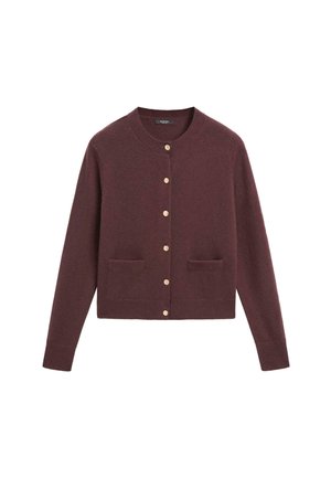 Cardigan lavorato a maglia bordeaux scuro con collo rotondo, maniche lunghe, bottoni dorati sulla parte anteriore e due tasche frontali.