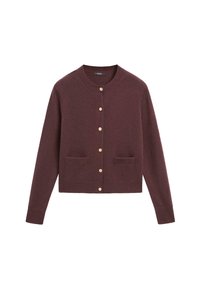 Cardigan lavorato a maglia bordeaux scuro con collo rotondo, maniche lunghe, bottoni dorati sulla parte anteriore e due tasche frontali.