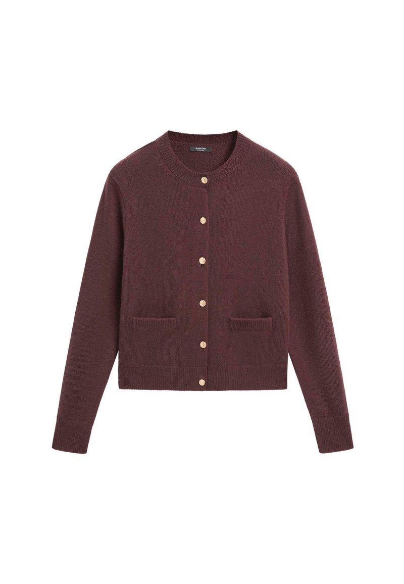 Cardigan lavorato a maglia bordeaux scuro con collo rotondo, maniche lunghe, bottoni dorati sulla parte anteriore e due tasche frontali.