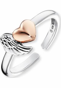 Silberring mit einem Herz aus Roségold und einem Flügel-Design. Das Band ist glatt und offen, mit filigranen Flügeldetails.