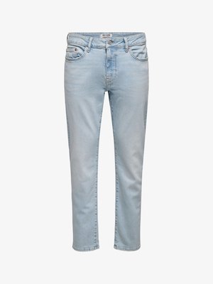 Light blue denim jeans with front button, zipper, five pockets, and slight fading on thighs and knees.