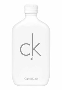 Hvid flaske med afrundede kanter. Minimalistisk design med "ck" i grå og teksten "Calvin Klein" nederst. Skruelåg.