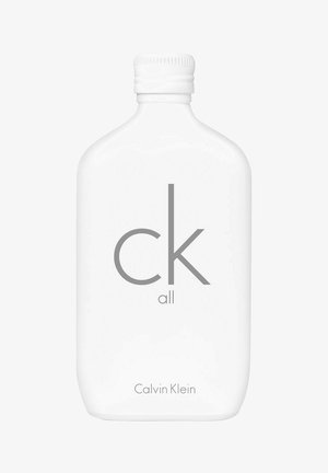 Vit flaska med rundade kanter. Minimalistisk design med "ck" i grått och texten "Calvin Klein" längst ner. Skruvkork.
