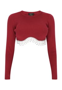 Röd ribbad kort topp med långa ärmar, med en vågig nederkant prydd med silverpärlor för extra detaljer.