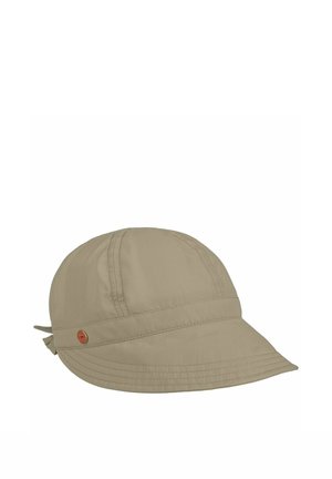 Light brown soft fabric cap with a curved brim, stitched panels, and a small round metal detail on the side.